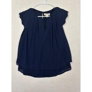 Monteau Los Angeles Flutter Sleeve Blouse Womens Large Navy Career Office NWT
